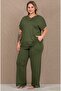 Large Size Khaki Green Short Sleeve Cotton Viscose Pajama Set - 2