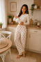 Women's Heart Patterned Cotton Pajama Bottoms Comfortable Fit Home Wear Trousers Ecru