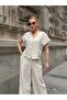Women's Cream Half Sleeve Beaded Buttoned Linen Double Suit Hzl26S-Vl14191 - 3