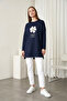 Floral Embroidery Detailed Crew Neck Combed Cotton Tunic - Navy Blue