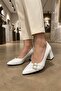 İlena Women's Double Mini Buckle Striped Pointed Toe Geometric Thick Square Heeled Office Stiletto - 2