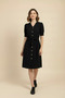 Women's Black Linen Look Midi Belted Buttoned Dress with Elastic Sleeves - 4