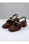Women's Pearl Band Detailed Coffee Color Suede Daily Graduation and Wedding Dress Shoes - Women's Heeled Shoes (Heel Height 4cm) - 4
