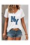 Women's V-Neck Ny Printed T-Shirt Oversize Casual