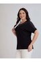 Women's Black V Tulle Collar Detailed Stylish Tshirt - 5