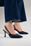 Women's Navy Blue Suede Pointed Toe Open Back 8 cm Goblet Heeled Shoes Hary - 7
