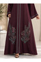 Premium Maroon Embroidered Abaya with Floral Stone Work - 2
