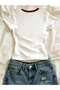 Women's Ivy Flower Printed Collar Detailed Lycra Short Sleeve Body Tee - 2