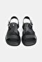 WOMEN'S BLACK GENUINE NATURAL LEATHER STRAPPED BUCKLE FLAT SANDALS - 4