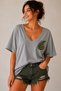 Leaf and Snail Printed V-Neck Casual Unisex Oversize T-Shirt - Cotton Casual T-Shirt