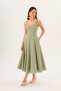 Green Strappy Square Neck A-Line Panel Detailed Linen Midi Dress - 6