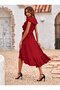Women's Short Sleeve Ruffled Collar Double Breasted Belted Waist Midi Janjan Crepe Dress - 3