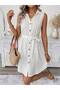 Women's White Shirt Collar Buttoned Belted Sleeveless Dress - 5