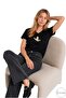 Black V-Neck Basic T-Shirt with Bird Stone Print Detail - 5