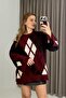 Women's Diamond Pattern Oversized Sweater with Mini Slits on the Sides, Burgundy1 - 2
