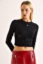 Women's Ribbon Long Sleeve Crop Blouse Black