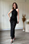 Neck Tie Jacquard Tulle Midi Black Dress - 6