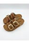 Women's Gold Studded Stone Double Buckle Cork Sole Slippers - 3