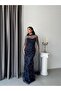 Navy Blue Beaded Embroidered Long Evening Dress with Transparent Cape - 2