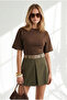 Women's Brown Waist-Slit Modal Buttoned Blouse with Stitching Detail Blz-19003373 - 2