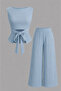 Baby Blue Back-Tie Detailed Sleeveless Boat Neck Top and Bottom Set - 2
