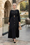 Women's Buttoned Belted Strawberry Fabric Black Dress - 3