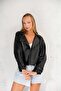 Women's Black Leather Jacket Classic Cut Sleeve Belt Modern