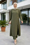 Women's Pearl Embellished Khaki Tunic-Pants Two-Piece Set - 3