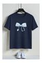 Women's Cotton Bow and Headphone Print Oversize Crew Neck Casual T-Shirt