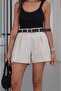 Stone Color Belted Pleated Linen Shorts - 2