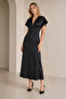 Women's Satin Fabric Draped V-Neck a Line Cut Black Midi Evening Dress 77167 - 7