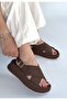 Women's Brown Cross-Strapped Leather Sandals with Belt Buckle - Usra