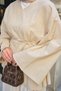 Women's V Detail Bat Sleeve Linen Waist Tie Tunic Cream - 5