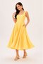 Yellow Gingham Pocket Detailed Square Neck Cotton A-Line Midi Dress