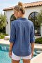 Dark Blue Shirt Collar 3/4 Sleeve Buttoned Embroidered Casual Cotton Woven Shirt 70 64 - 7
