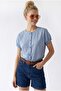 4896 Women's Gingham Elastic Cufflinks Shirt Blue - 3