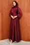 Burgundy Waist Belted Patterned Satin Evening Dress - 3