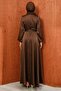 Brown Waist Belted Patterned Satin Evening Dress - 5