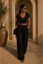 Short Sleeve Ribbed Crop Women's Blouse with U-Neck and Ruffle Detail - 2
