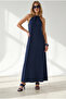 Women's Navy Blue Halter Neck Chain Decorated Maxi Flowy Dress Elb-19002649 - 2