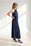 Women's Navy Blue Halter Neck Chain Decorated Maxi Flowy Dress Elb-19002649