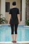 2-Piece Set (with Bonnet Gift) Round Neck Short Sleeve Leggings Water-Repellent Fabric Semi-Modest Swimsuit Black - 2