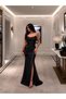Women's Satin Fabric Black Strapless Neckline Front Stone Embroidered Corset Detachable Long Glove Detail Maxi Length Evening Dress Graduation Gown - 2