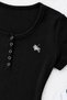 Button Black Snap Fastener Round Neck Ribbed Embroidered Lycra Body-Fitting Premium Short Sleeve Blouse - 2