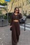 Women's 3-Piece Modal Set Nova Ease Brown – Crop Tank Top, Zip-Up Cardigan, and Adjustable Leg Bottoms - 4