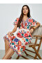Floral Print V Neck A-Line Midi Dress