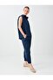 Navy Blue Elastic Waist Cotton Blend Poplin Trousers