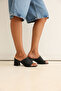 Heels 2641 - Textured Wide Band Black Straw Women's Heels - 6