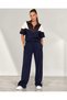 Women's Navy Blue Color Block Half Zipper Tracksuit Set Wide Leg Comfortable Fit Sports Set - 5