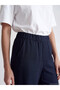 Navy Blue Elastic Waist Linen Blend Women's Capri Pants - 3